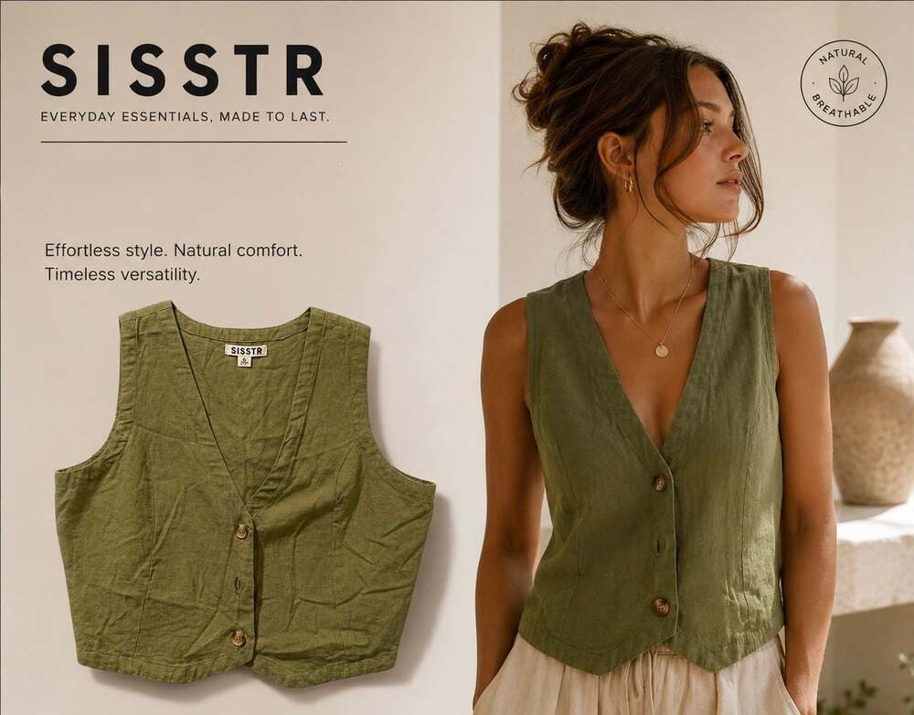 SISSTR Olive Green Linen Button-Front Vest Top